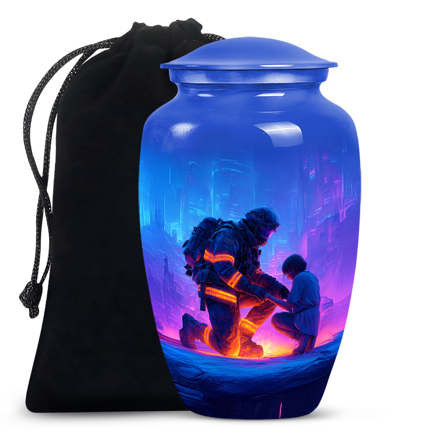 Cornflower Blue Firefighter Cremation Urn angled view of lid and engraved motif - elegant classic firefighter relief with fine detailing - full-size 10 inch 200 cubic inch adult cremation urn