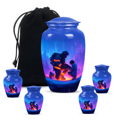 Icy Blue Firefighter Cremation Urn top-down view of secure threaded lid - timeless firefighter motif etched into premium metal - memorial set with one large and four small urns
