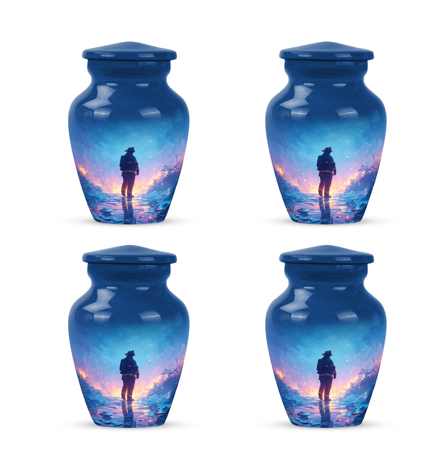 Soft Blue Firefighter Cremation Urn side profile showing urn shape - elegant classic firefighter relief with fine detailing - 10 inch aluminum urn for cremated remains
