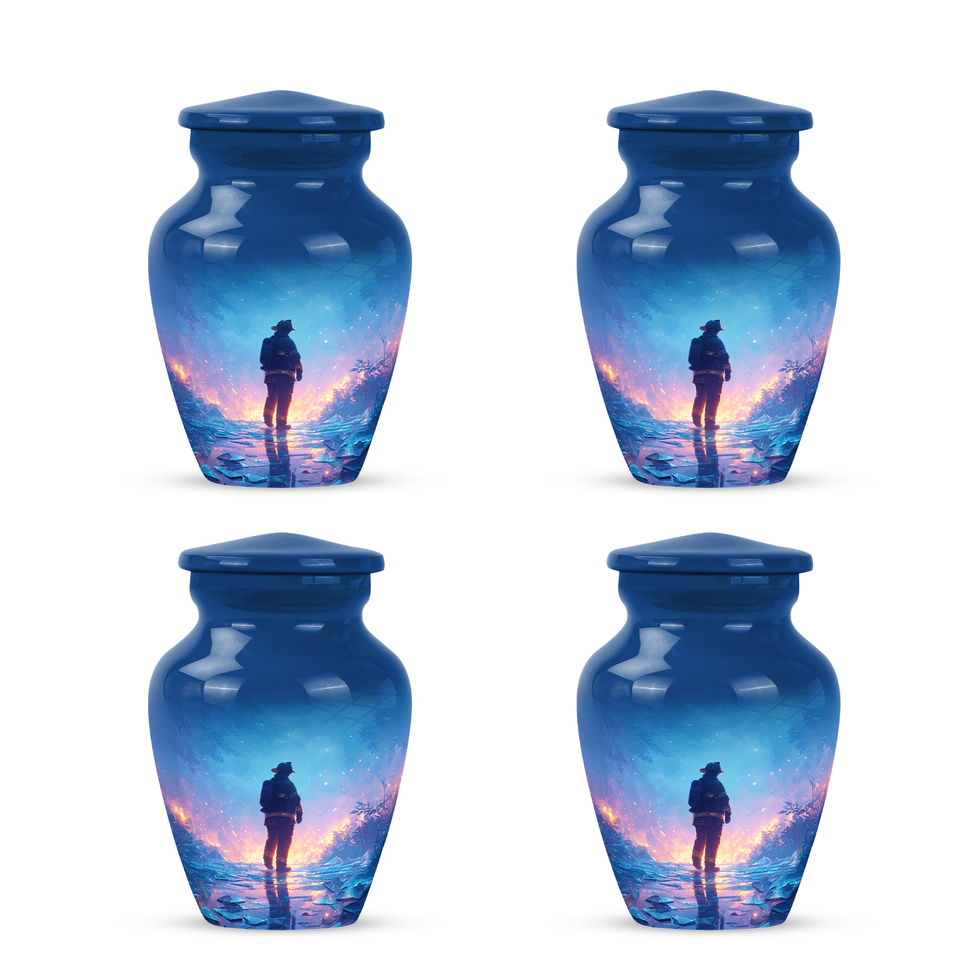 Soft Blue Firefighter Cremation Urn side profile showing urn shape - elegant classic firefighter relief with fine detailing - 10 inch aluminum urn for cremated remains