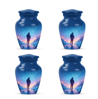 Soft Blue Firefighter Cremation Urn side profile showing urn shape - elegant classic firefighter relief with fine detailing - 10 inch aluminum urn for cremated remains