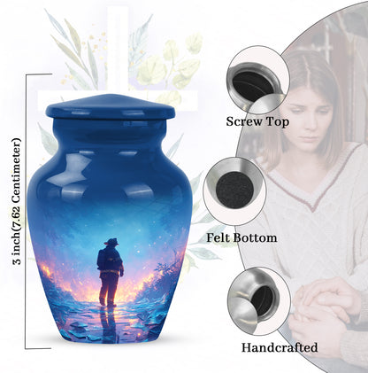 Azure Firefighter Cremation Urn close-up of engraving and surface detail - classic sculpted firefighter pattern on smooth aluminum - mini keepsake memorial for portion of cremation ashes