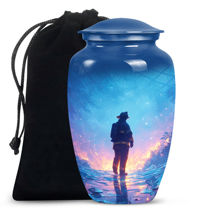 Dusty Blue Firefighter Cremation Urn angled view of lid and engraved motif - classic sculpted firefighter pattern on smooth aluminum - full-size 10 inch 200 cubic inch adult cremation urn