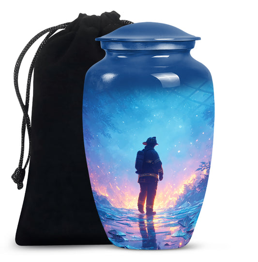Dusty Blue Firefighter Cremation Urn angled view of lid and engraved motif - classic sculpted firefighter pattern on smooth aluminum - full-size 10 inch 200 cubic inch adult cremation urn