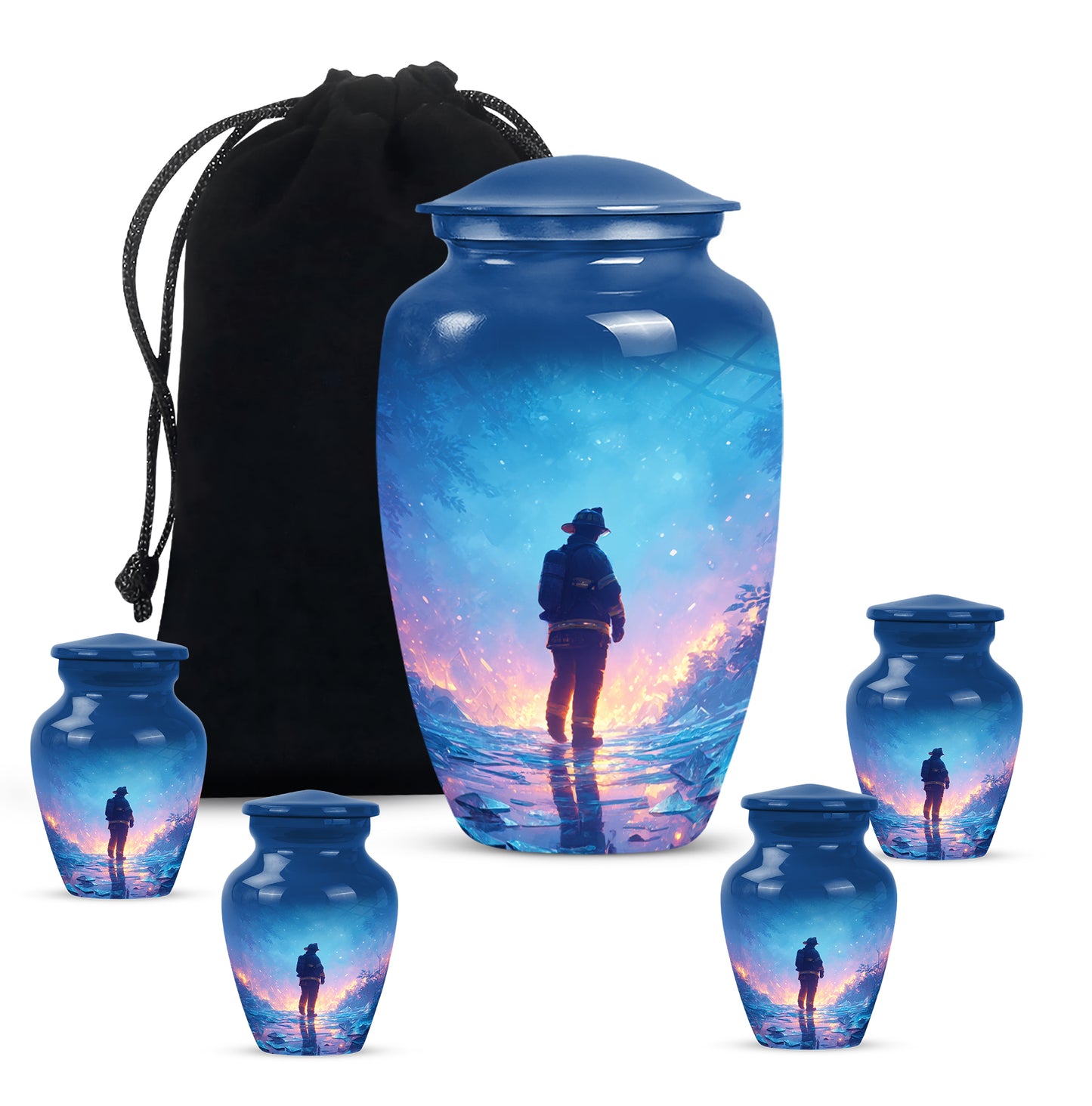 Bright Blue Firefighter Cremation Urn top-down view of secure threaded lid - traditional firefighter engraving with hand-polished finish - memorial set with one large and four small urns
