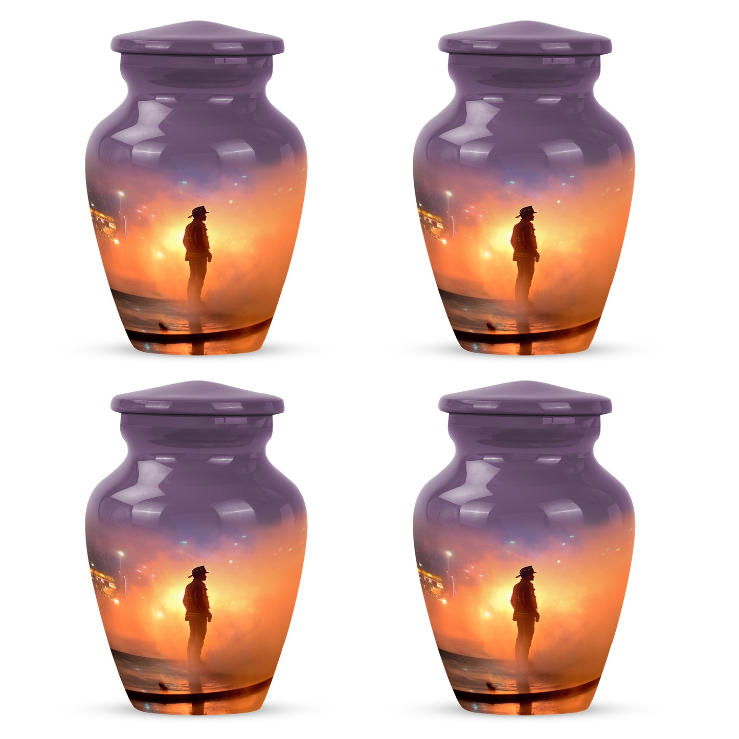 Coral Pink Firefighter Cremation Urn side profile showing urn shape - classic sculpted firefighter pattern on smooth aluminum - 10 inch aluminum urn for cremated remains
