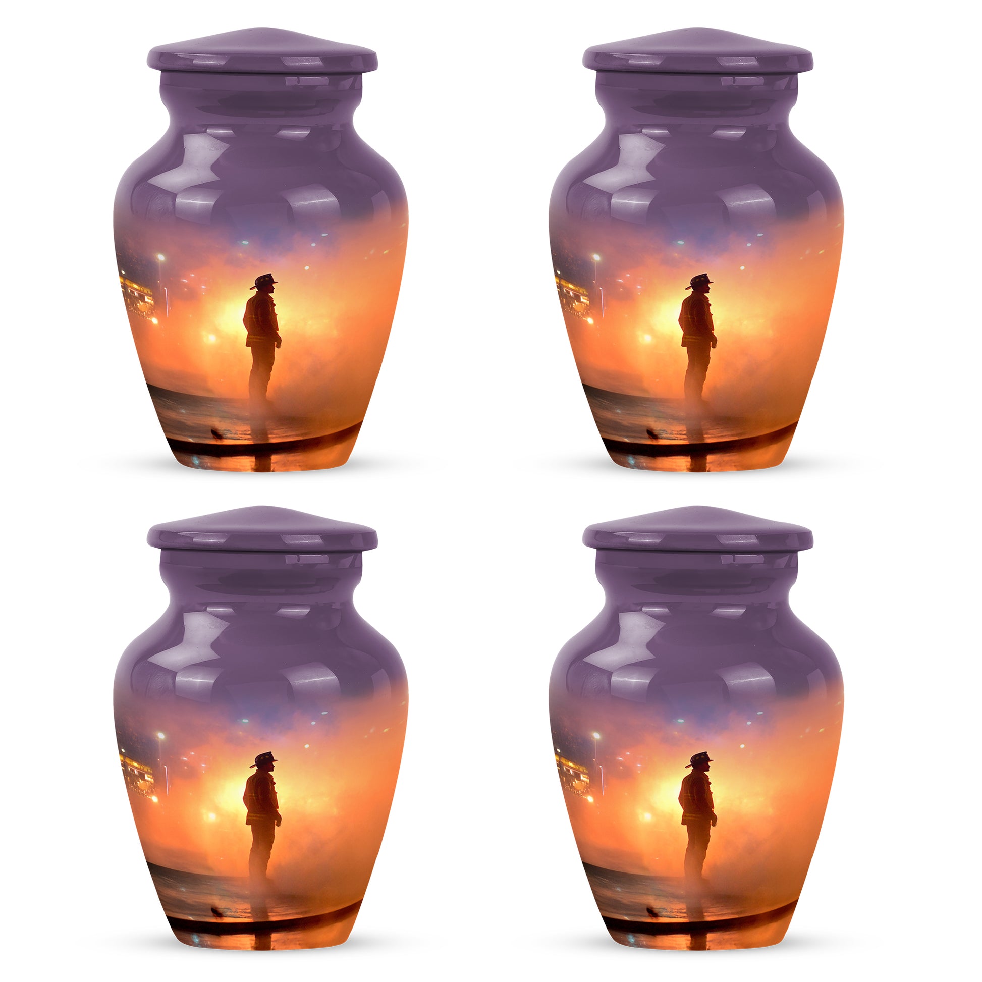 Coral Pink Firefighter Cremation Urn side profile showing urn shape - classic sculpted firefighter pattern on smooth aluminum - 10 inch aluminum urn for cremated remains
