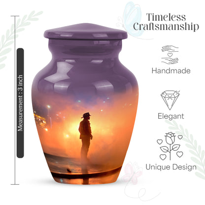 Rose Pink Firefighter Cremation Urn close-up of engraving and surface detail - classic sculpted firefighter pattern on smooth aluminum - mini keepsake memorial for portion of cremation ashes