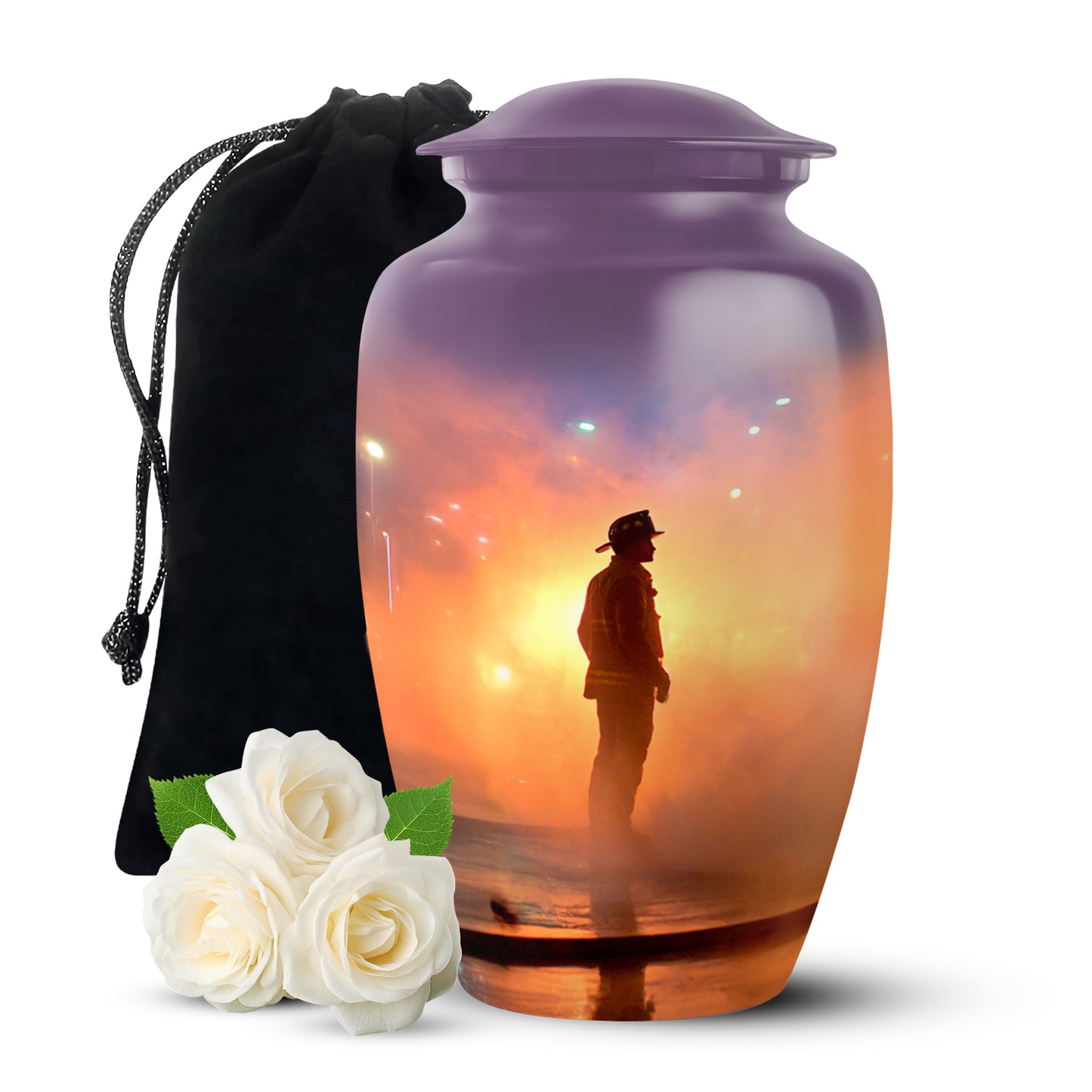 Petal Pink Firefighter Cremation Urn angled view of lid and engraved motif - traditional firefighter engraving with hand-polished finish - full-size 10 inch 200 cubic inch adult cremation urn