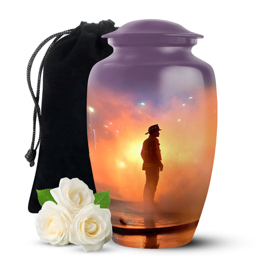 Petal Pink Firefighter Cremation Urn angled view of lid and engraved motif - traditional firefighter engraving with hand-polished finish - full-size 10 inch 200 cubic inch adult cremation urn