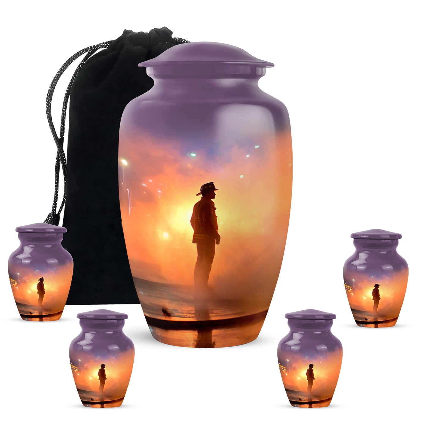 Vintage Pink Firefighter Cremation Urn top-down view of secure threaded lid - traditional firefighter engraving with hand-polished finish - memorial set with one large and four small urns