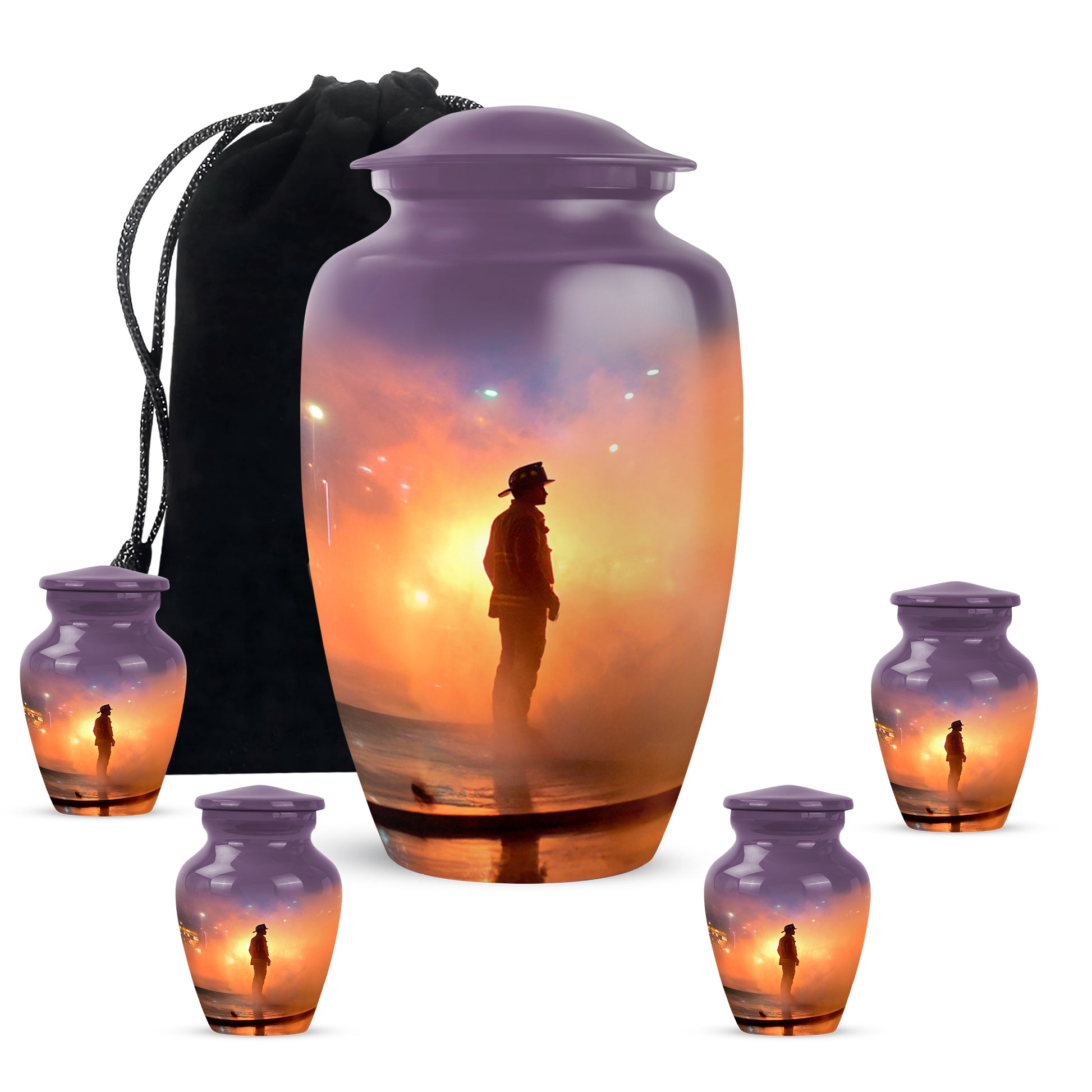 Vintage Pink Firefighter Cremation Urn top-down view of secure threaded lid - traditional firefighter engraving with hand-polished finish - memorial set with one large and four small urns