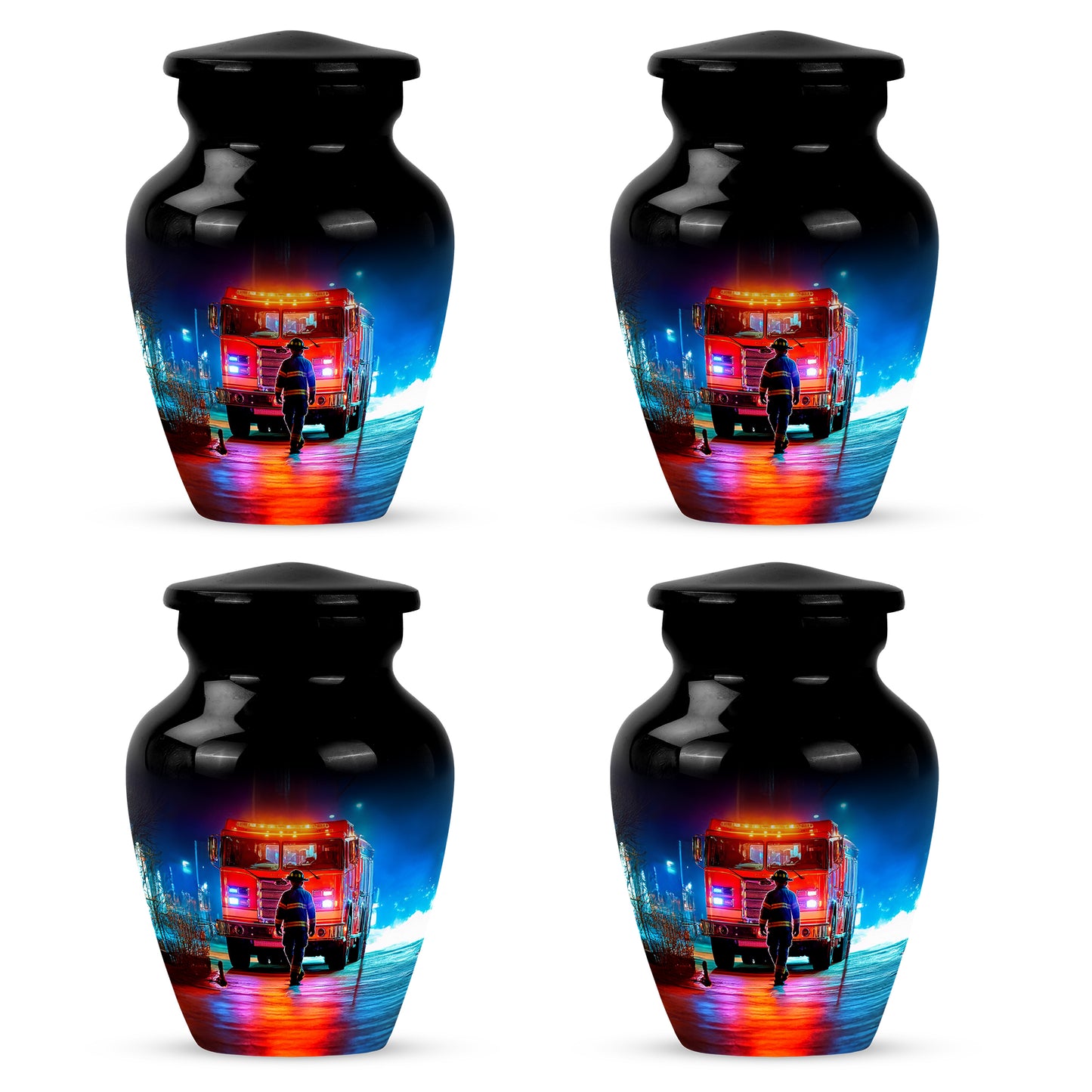 Glossy Black Firefighter Cremation Urn side profile showing urn shape - classic sculpted firefighter pattern on smooth aluminum - 10 inch aluminum urn for cremated remains