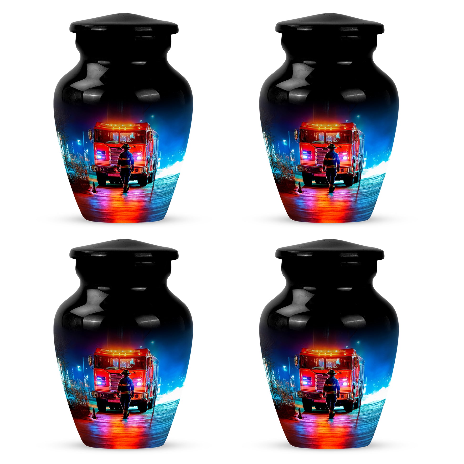 Glossy Black Firefighter Cremation Urn side profile showing urn shape - classic sculpted firefighter pattern on smooth aluminum - 10 inch aluminum urn for cremated remains