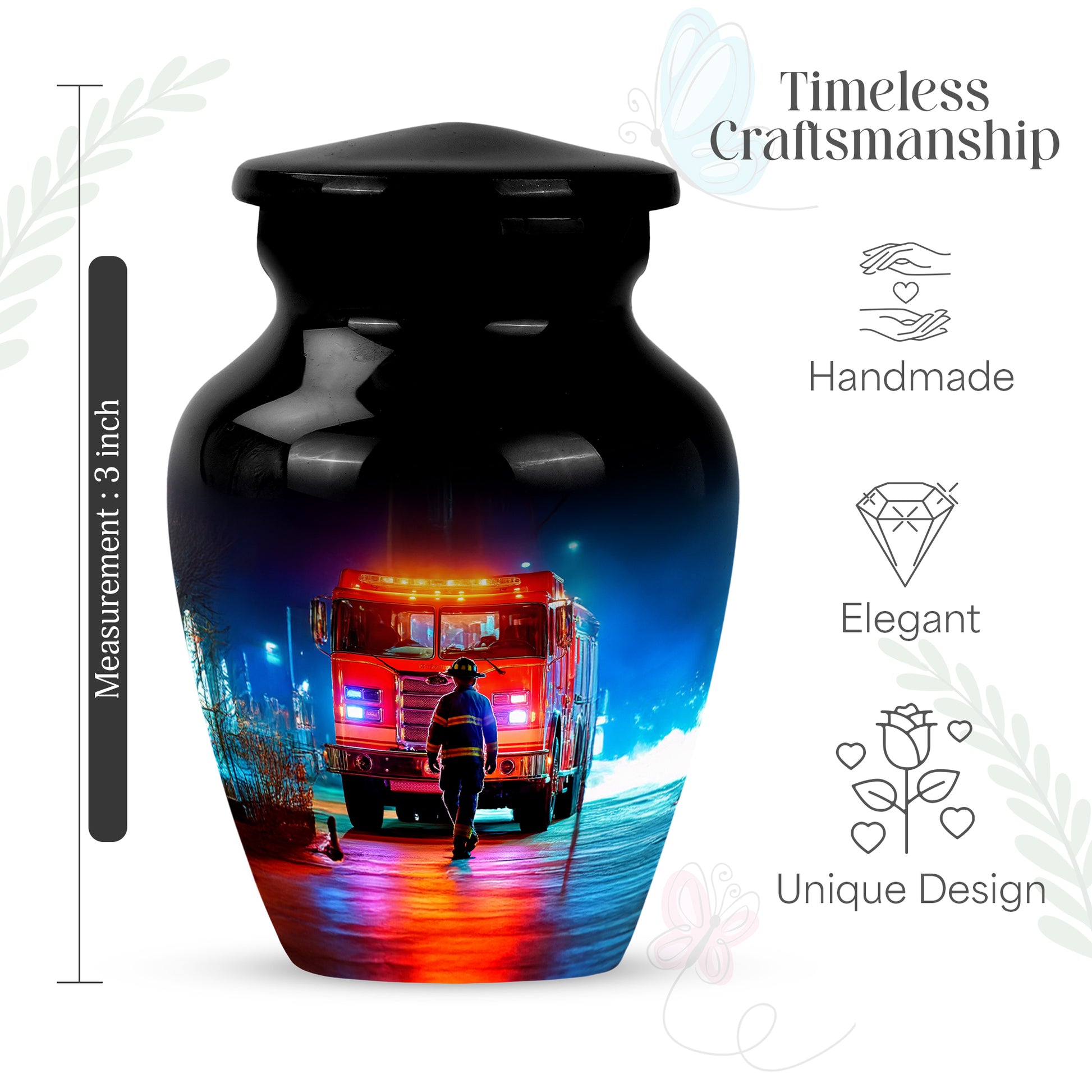 Onyx Black Firefighter Cremation Urn close-up of engraving and surface detail - elegant classic firefighter relief with fine detailing - mini keepsake memorial for portion of cremation ashes