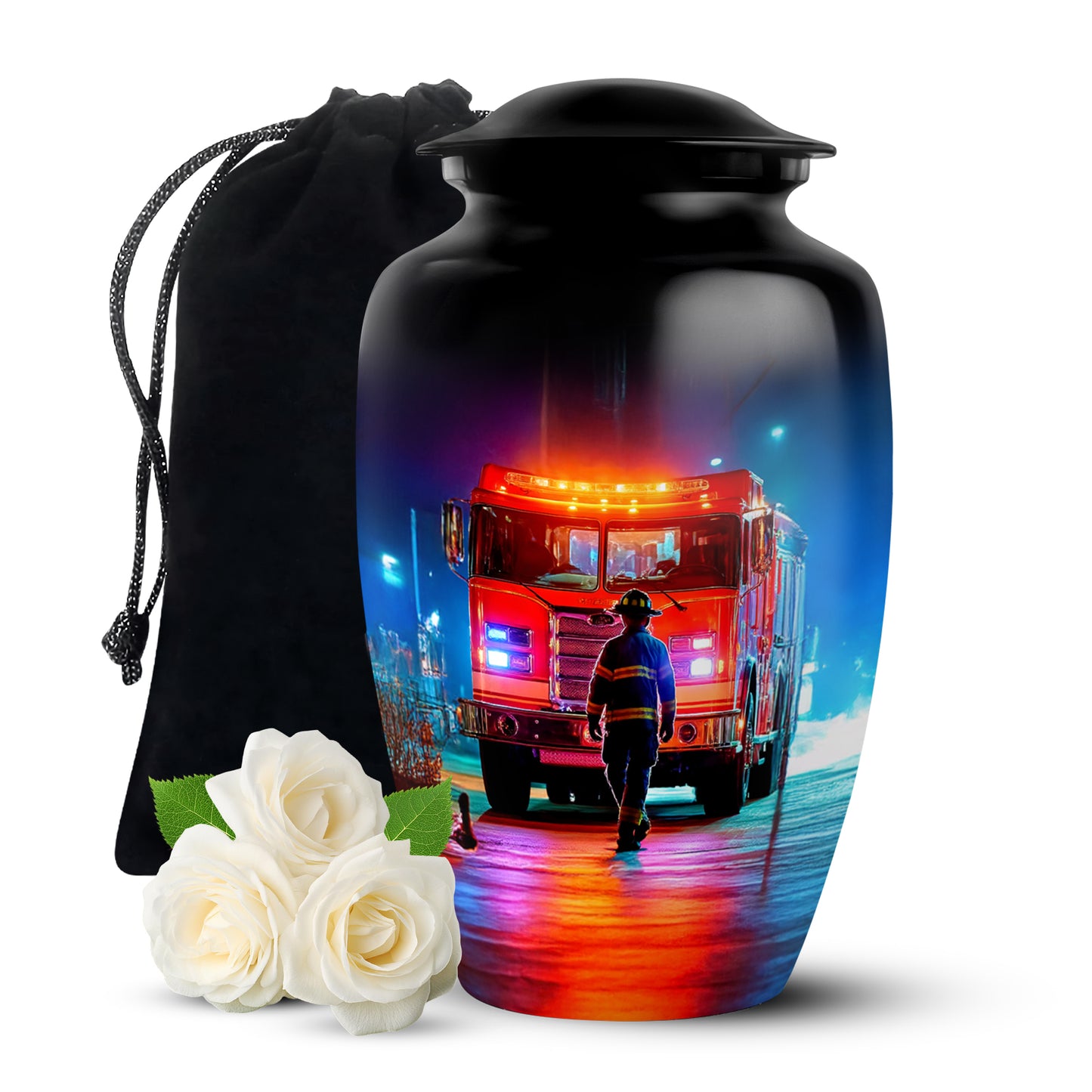 Onyx Black Firefighter Cremation Urn angled view of lid and engraved motif - elegant classic firefighter relief with fine detailing - full-size 10 inch 200 cubic inch adult cremation urn