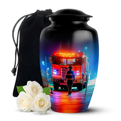 Onyx Black Firefighter Cremation Urn angled view of lid and engraved motif - elegant classic firefighter relief with fine detailing - full-size 10 inch 200 cubic inch adult cremation urn