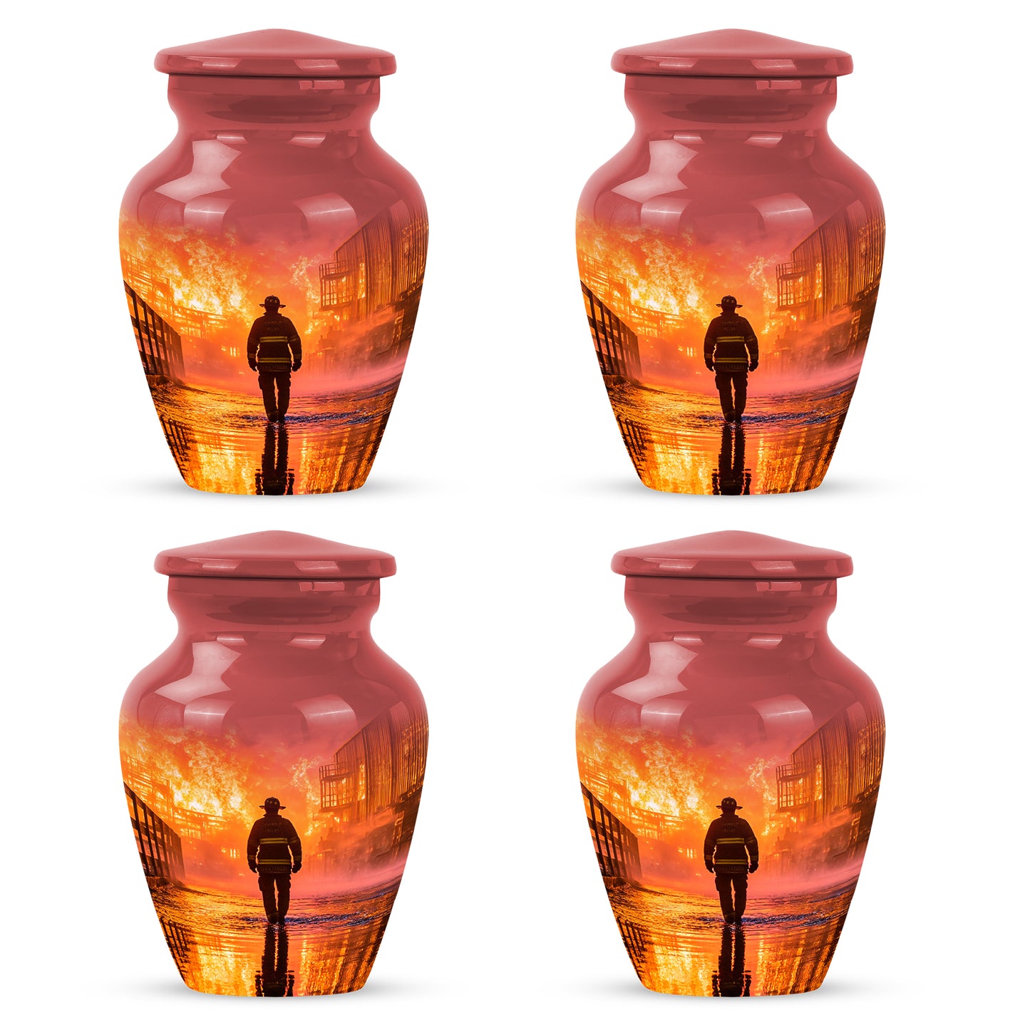 Wine Red Firefighter Cremation Urn side profile showing urn shape - timeless firefighter motif etched into premium metal - 10 inch aluminum urn for cremated remains