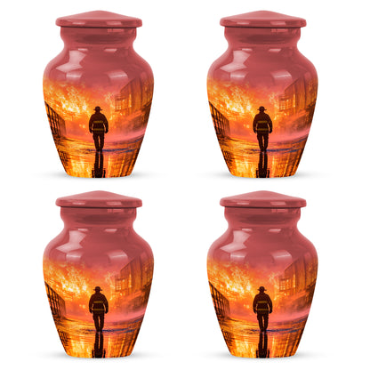 Wine Red Firefighter Cremation Urn side profile showing urn shape - timeless firefighter motif etched into premium metal - 10 inch aluminum urn for cremated remains