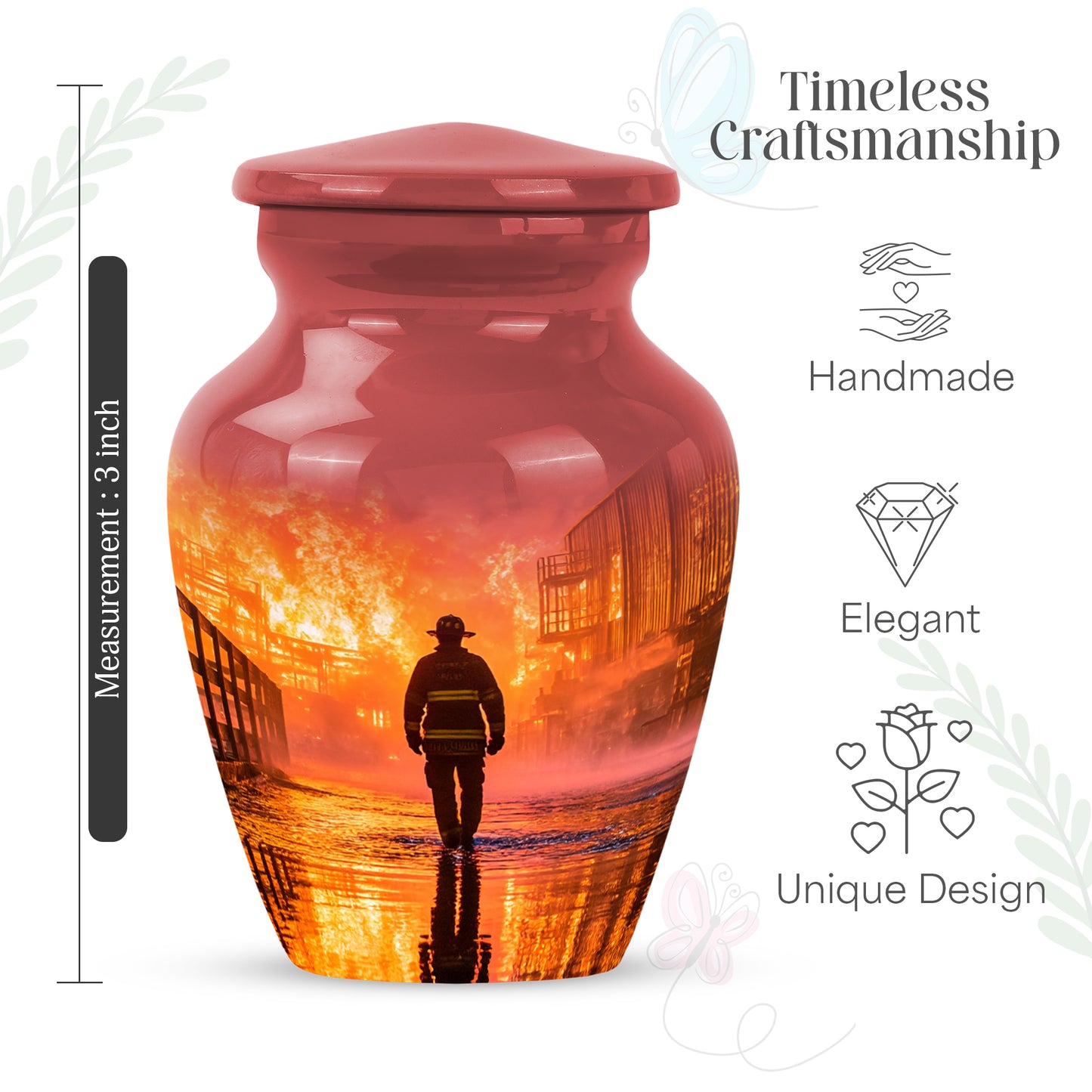 Burgundy Red Firefighter Cremation Urn close-up of engraving and surface detail - timeless firefighter motif etched into premium metal - mini keepsake memorial for portion of cremation ashes