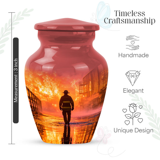 Burgundy Red Firefighter Cremation Urn close-up of engraving and surface detail - timeless firefighter motif etched into premium metal - mini keepsake memorial for portion of cremation ashes