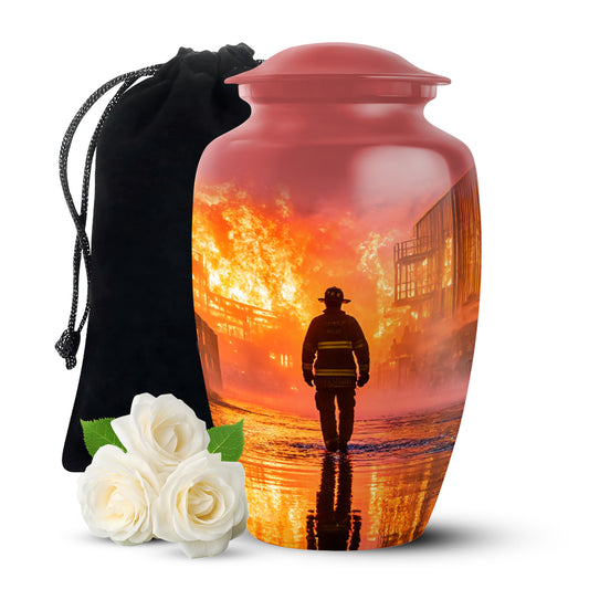 Rich Red Firefighter Cremation Urn angled view of lid and engraved motif - elegant classic firefighter relief with fine detailing - full-size 10 inch 200 cubic inch adult cremation urn