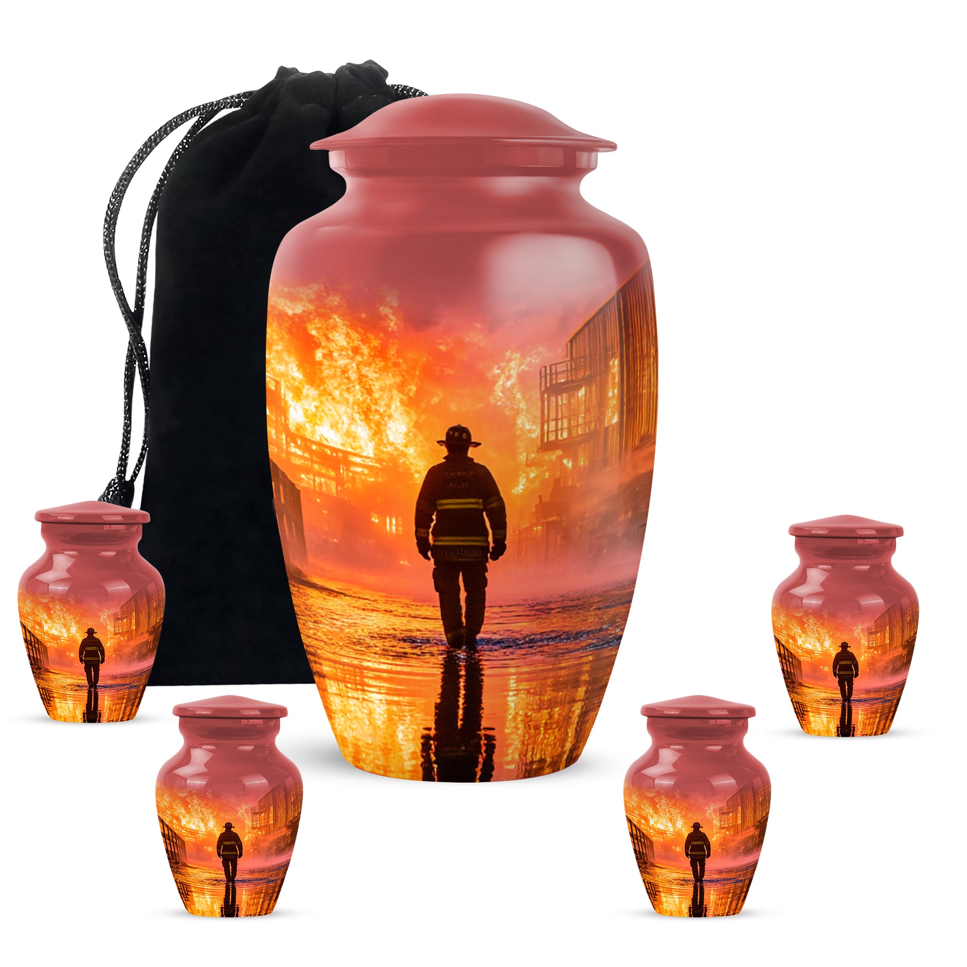 Garnet Red Firefighter Cremation Urn top-down view of secure threaded lid - classic sculpted firefighter pattern on smooth aluminum - memorial set with one large and four small urns