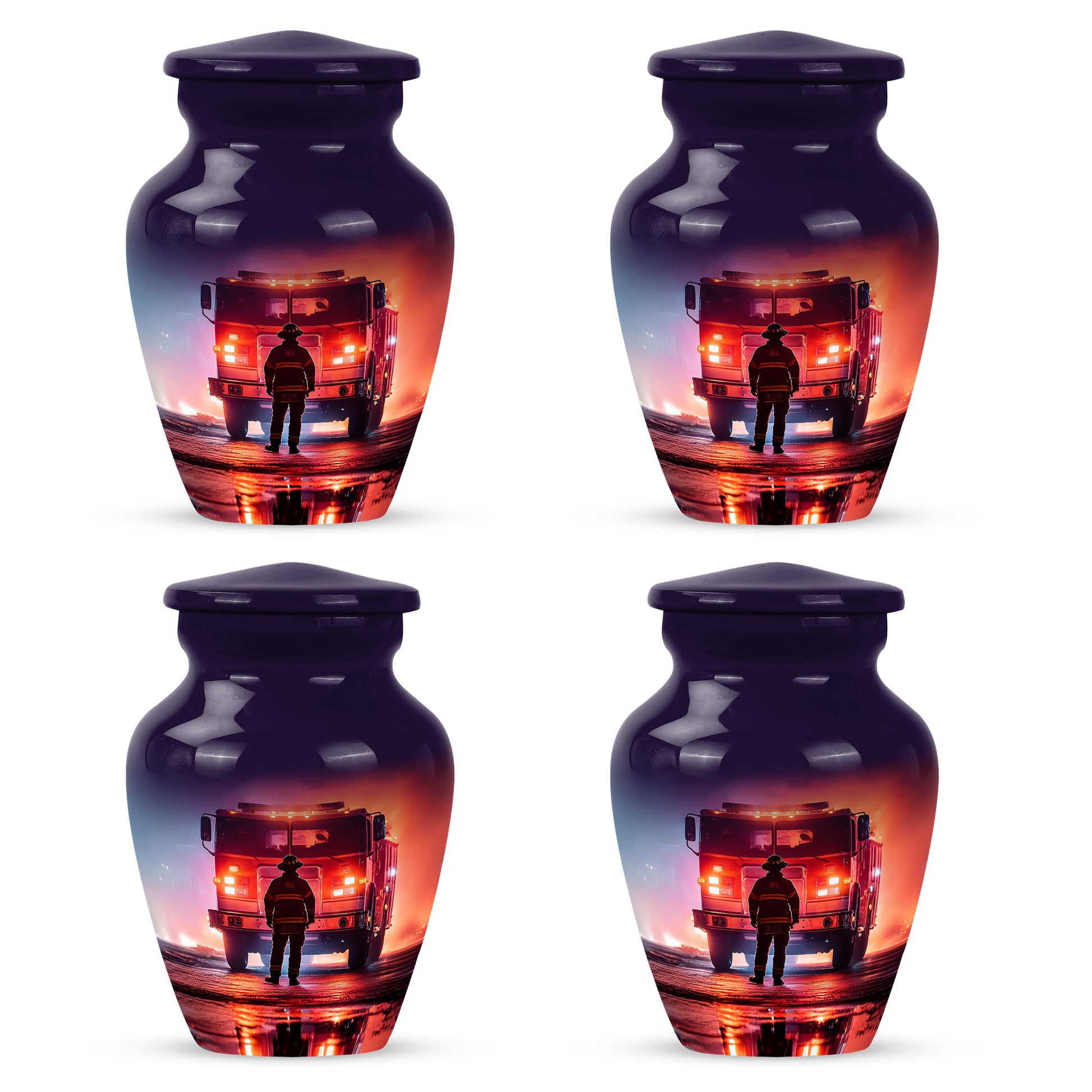 Plum Purple Firefighter Cremation Urn side profile showing urn shape - timeless firefighter motif etched into premium metal - 10 inch aluminum urn for cremated remains