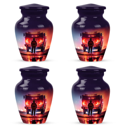 Plum Purple Firefighter Cremation Urn side profile showing urn shape - timeless firefighter motif etched into premium metal - 10 inch aluminum urn for cremated remains