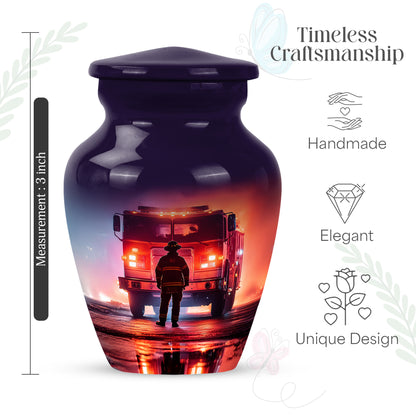 Majestic Purple Firefighter Cremation Urn close-up of engraving and surface detail - timeless firefighter motif etched into premium metal - mini keepsake memorial for portion of cremation ashes