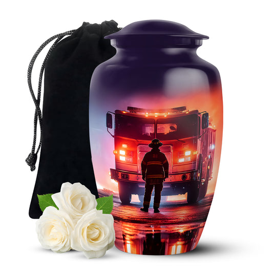 Royal Purple Firefighter Cremation Urn angled view of lid and engraved motif - traditional firefighter engraving with hand-polished finish - full-size 10 inch 200 cubic inch adult cremation urn