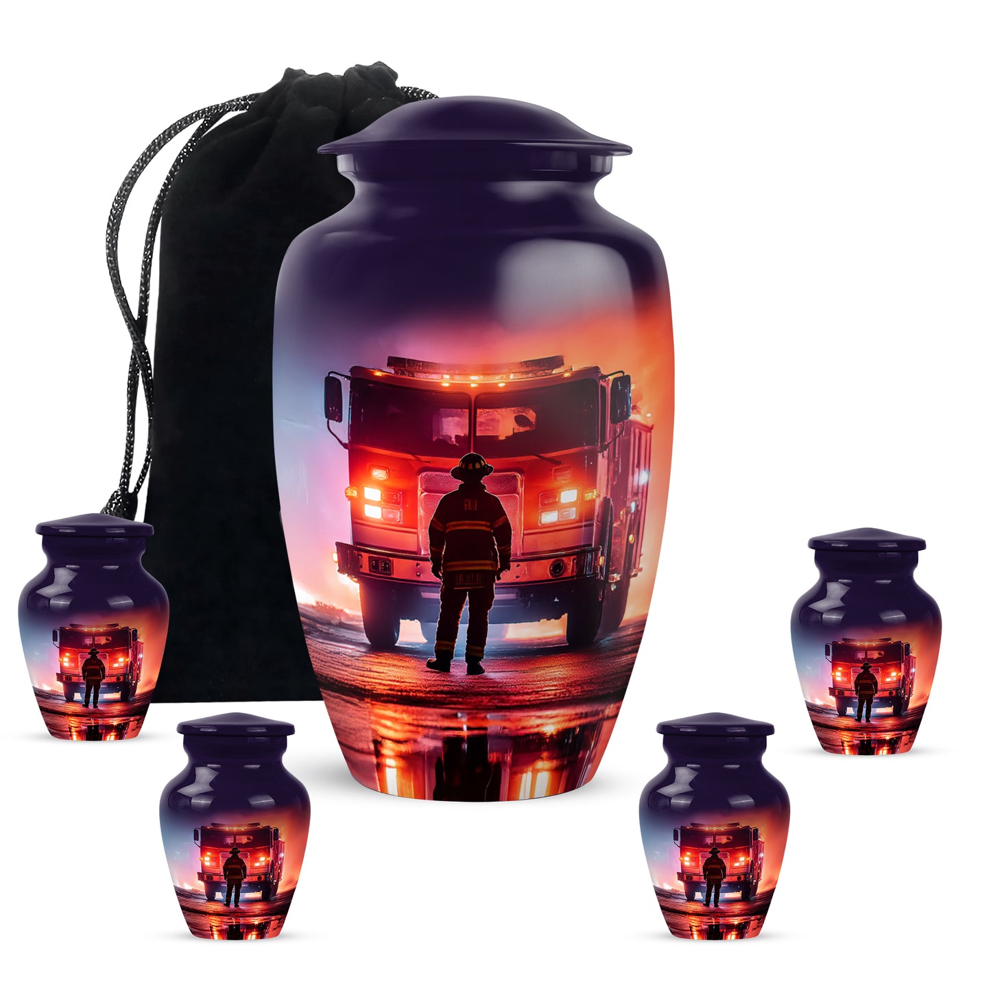 Grape Purple Firefighter Cremation Urn top-down view of secure threaded lid - elegant classic firefighter relief with fine detailing - memorial set with one large and four small urns