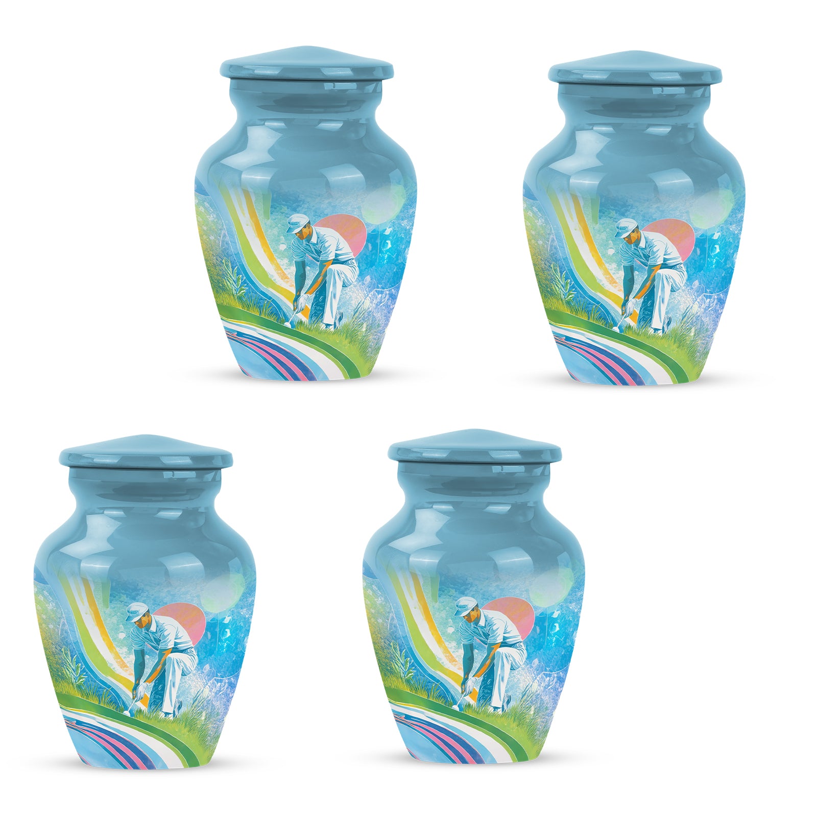 Icy Blue Golf Cremation Urn side profile showing urn shape - timeless golf motif etched into premium metal - 10 inch aluminum urn for cremated remains