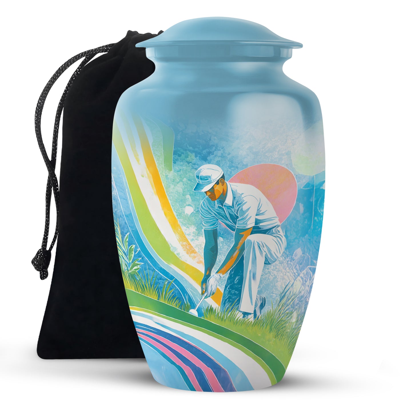 Twilight Blue Golf Cremation Urn angled view of lid and engraved motif - traditional golf engraving with hand-polished finish - full-size 10 inch 200 cubic inch adult cremation urn