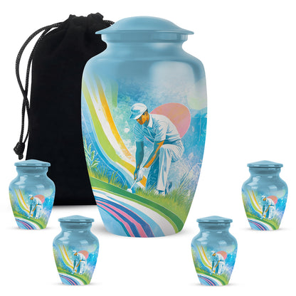 Sapphire Blue Golf Cremation Urn top-down view of secure threaded lid - traditional golf engraving with hand-polished finish - memorial set with one large and four small urns