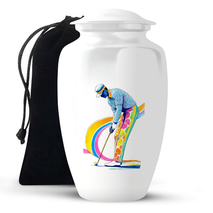Pearl White Golf Cremation Urn angled view of lid and engraved motif - elegant classic golf relief with fine detailing - full-size 10 inch 200 cubic inch adult cremation urn