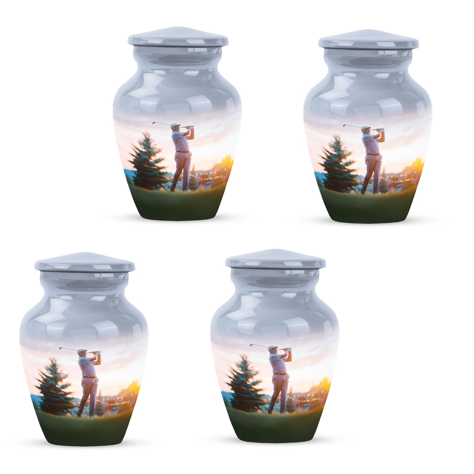 Platinum Silver Golf Cremation Urn side profile showing urn shape - classic sculpted golf pattern on smooth aluminum - 10 inch aluminum urn for cremated remains