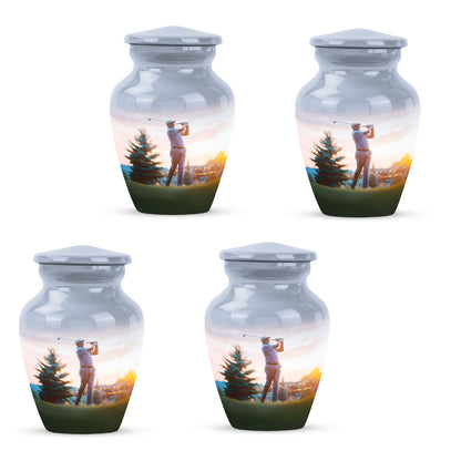 Platinum Silver Golf Cremation Urn side profile showing urn shape - classic sculpted golf pattern on smooth aluminum - 10 inch aluminum urn for cremated remains