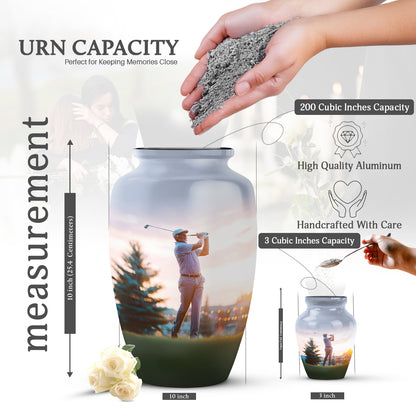 Moonlight Silver Golf Cremation Urn close-up of engraving and surface detail - elegant classic golf relief with fine detailing - mini keepsake memorial for portion of cremation ashes