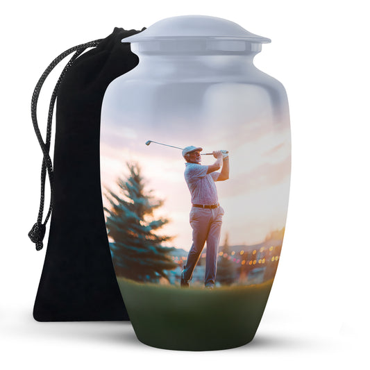 Polished Silver Golf Cremation Urn angled view of lid and engraved motif - elegant classic golf relief with fine detailing - full-size 10 inch 200 cubic inch adult cremation urn