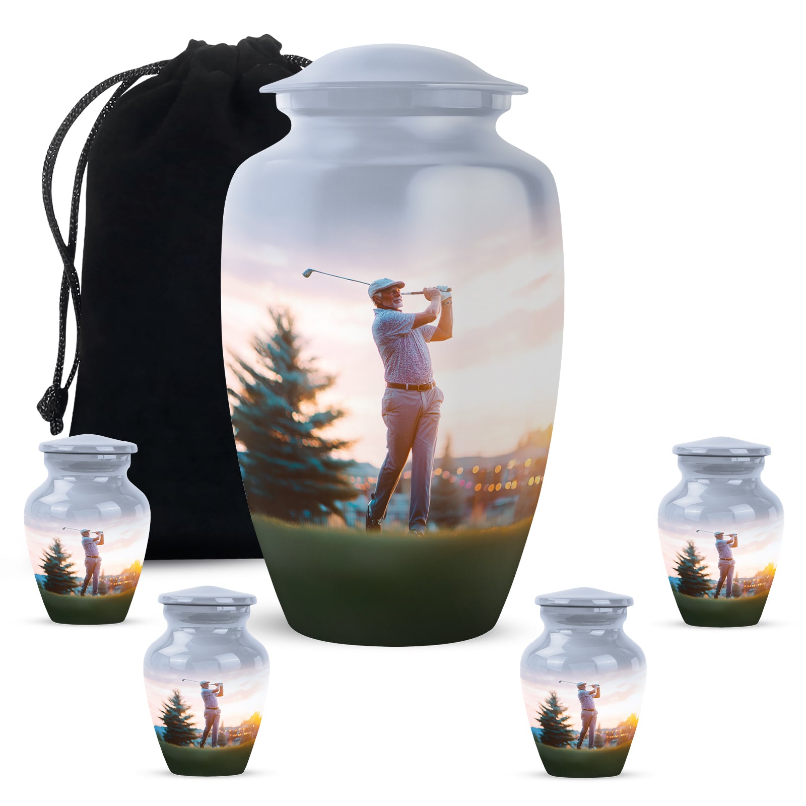 Moonlight Silver Golf Cremation Urn top-down view of secure threaded lid - traditional golf engraving with hand-polished finish - memorial set with one large and four small urns