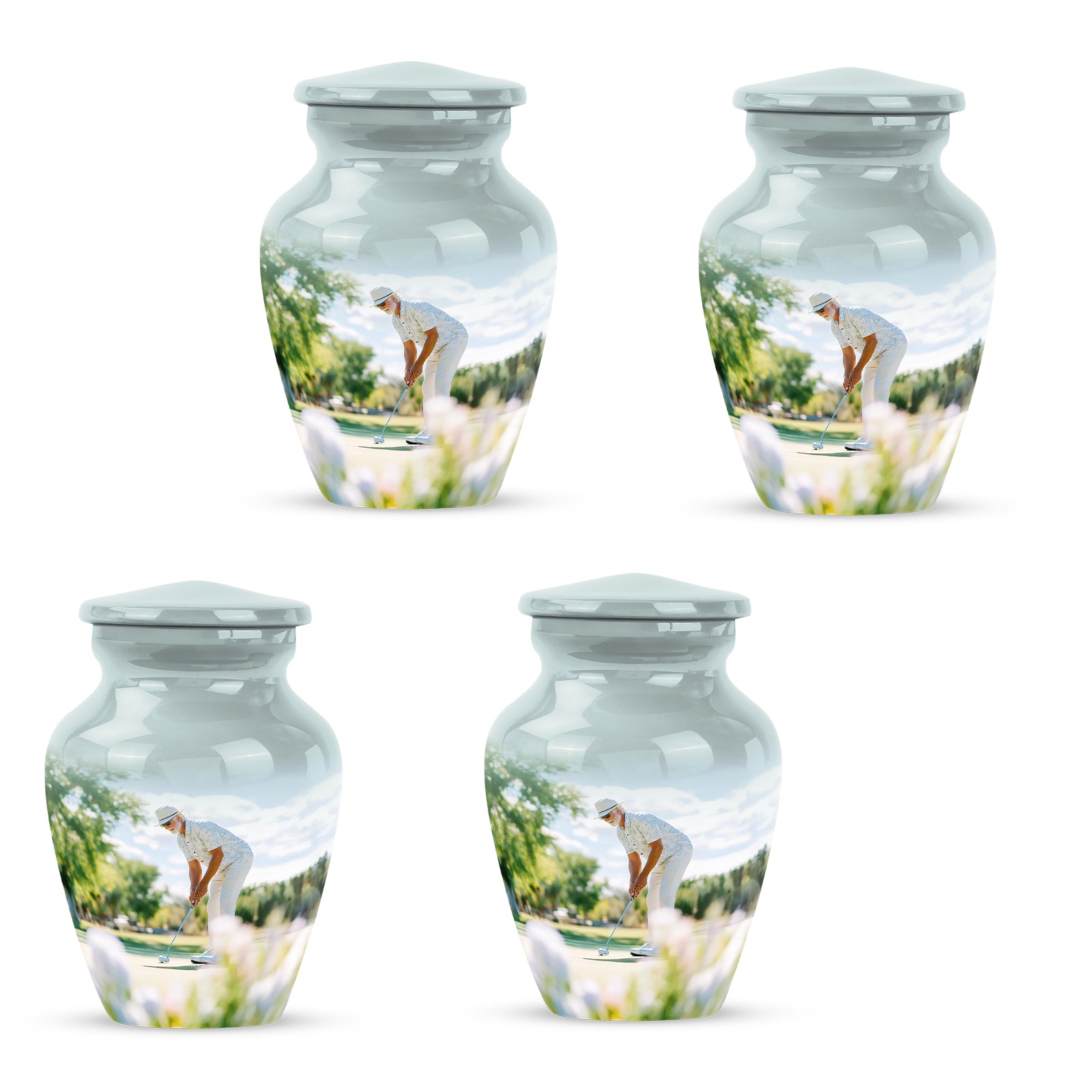 Moonlight Silver Golf Cremation Urn side profile showing urn shape - elegant classic golf relief with fine detailing - 10 inch aluminum urn for cremated remains