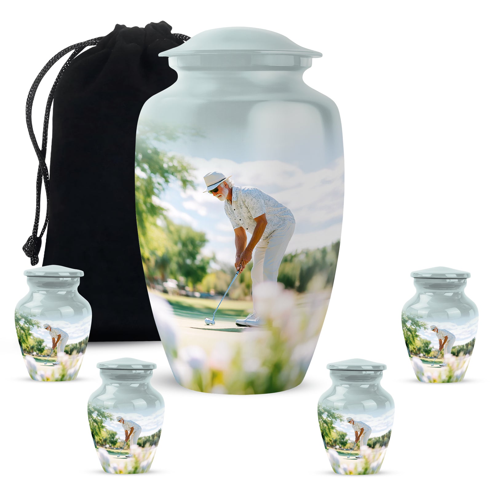 Satin Silver Golf Cremation Urn top-down view of secure threaded lid - classic sculpted golf pattern on smooth aluminum - memorial set with one large and four small urns
