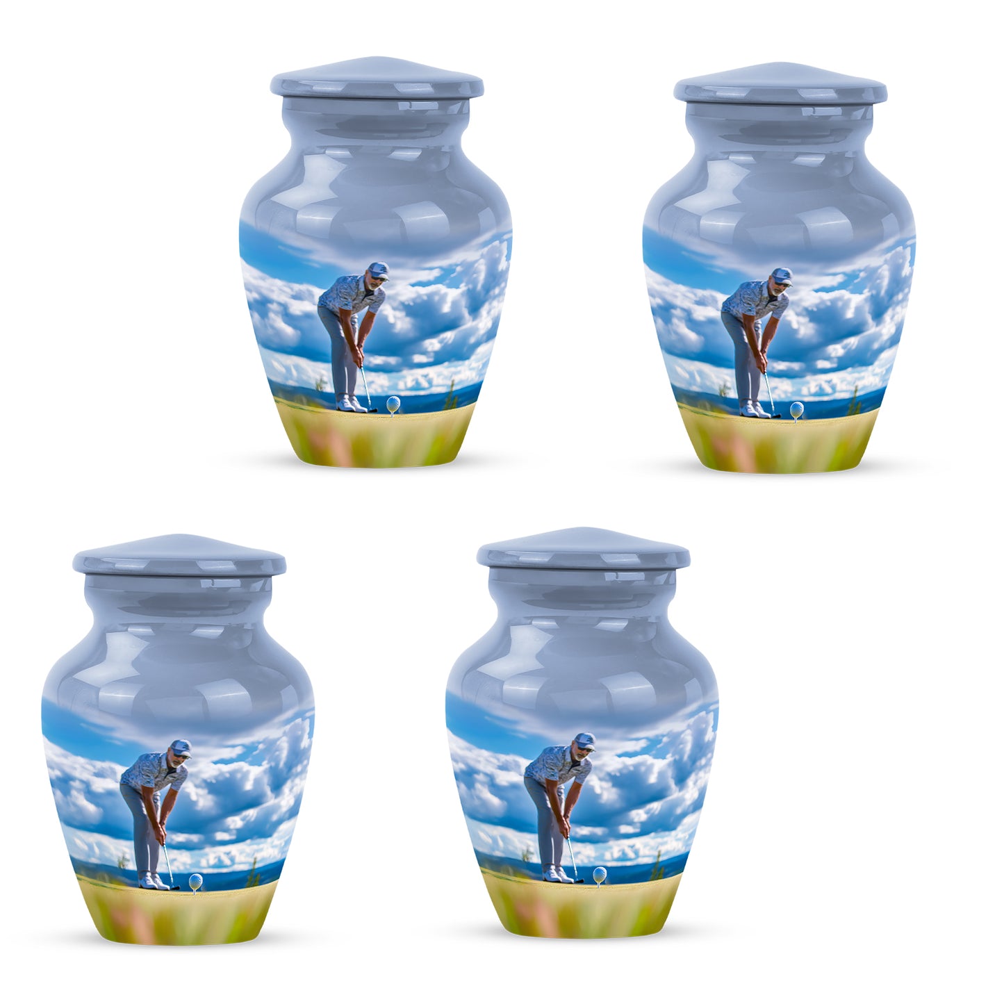 Cobalt Blue Golf Cremation Urn side profile showing urn shape - traditional golf engraving with hand-polished finish - 10 inch aluminum urn for cremated remains