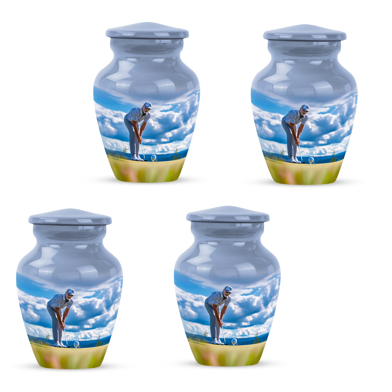 Cobalt Blue Golf Cremation Urn side profile showing urn shape - traditional golf engraving with hand-polished finish - 10 inch aluminum urn for cremated remains