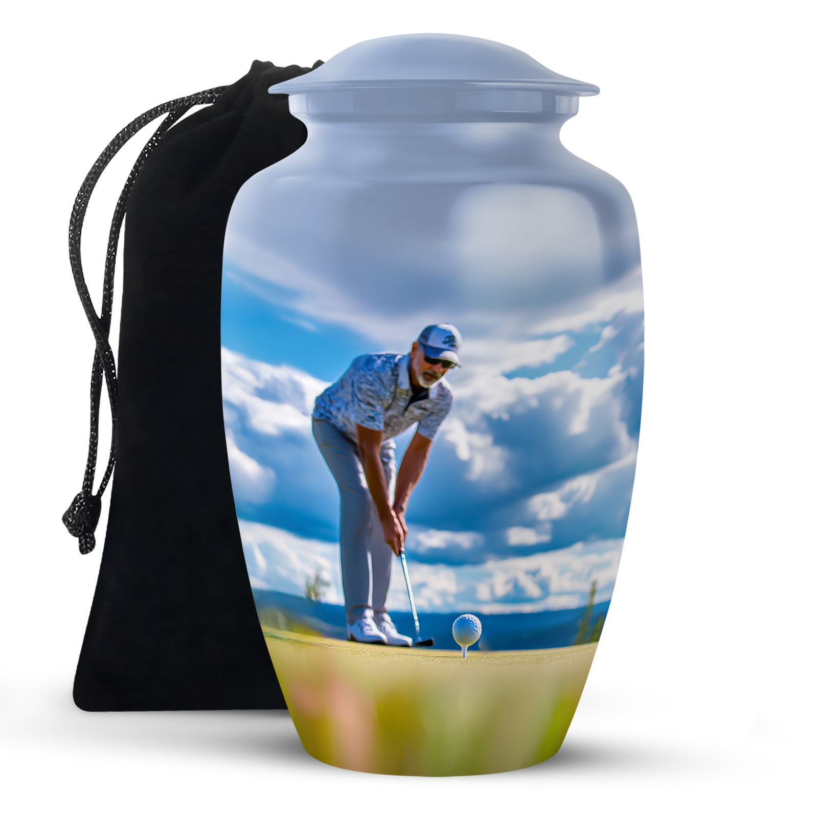 Royal Blue Golf Cremation Urn angled view of lid and engraved motif - elegant classic golf relief with fine detailing - full-size 10 inch 200 cubic inch adult cremation urn