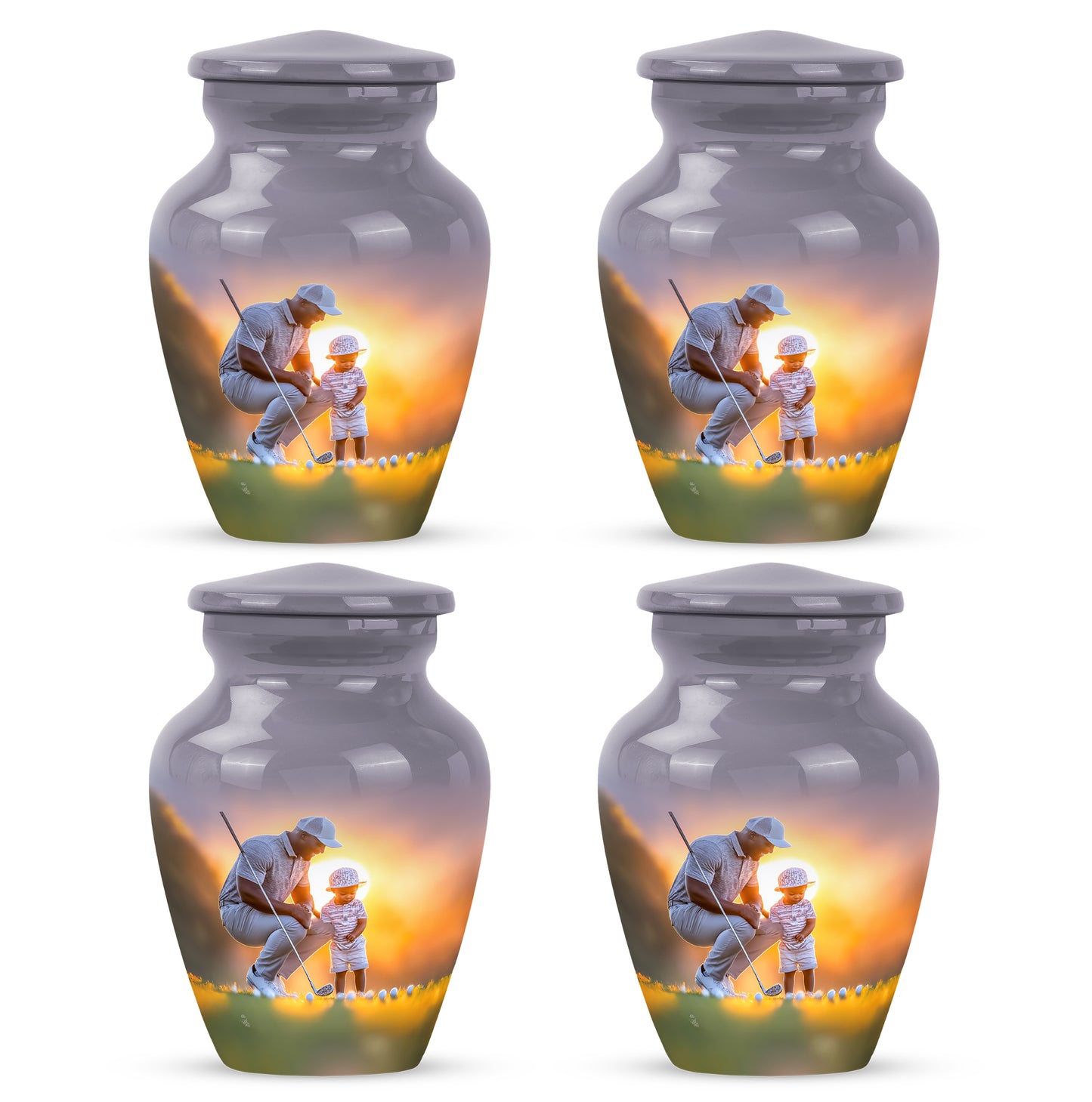 Dove Gray Golf Cremation Urn side profile showing urn shape - classic sculpted golf pattern on smooth aluminum - 10 inch aluminum urn for cremated remains
