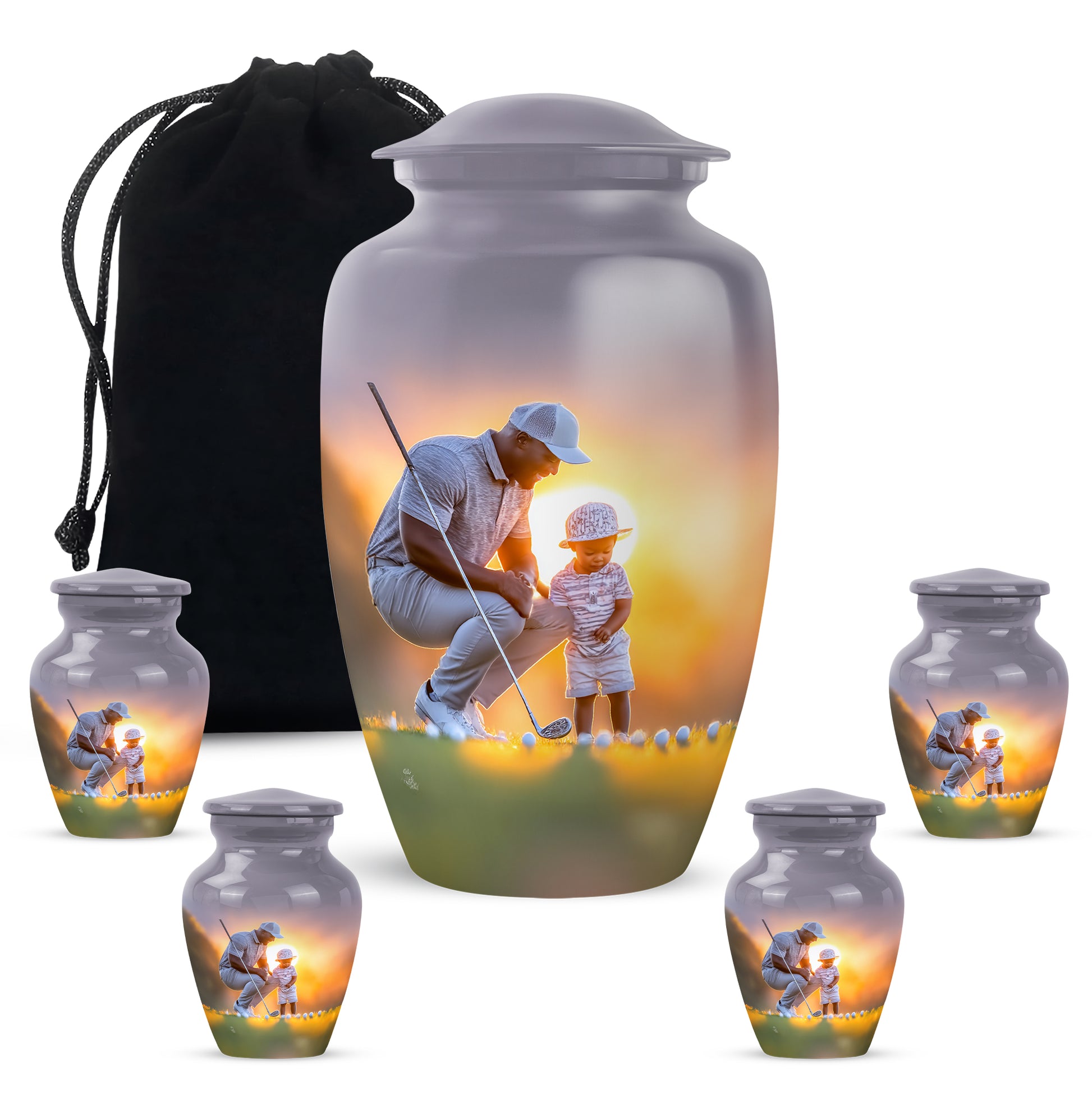 Storm Gray Golf Cremation Urn top-down view of secure threaded lid - traditional golf engraving with hand-polished finish - memorial set with one large and four small urns