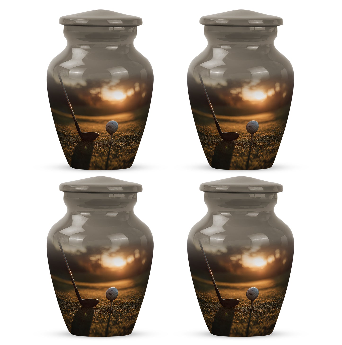 Sunrise Gold Golf Cremation Urn side profile showing urn shape - classic sculpted golf pattern on smooth aluminum - 10 inch aluminum urn for cremated remains