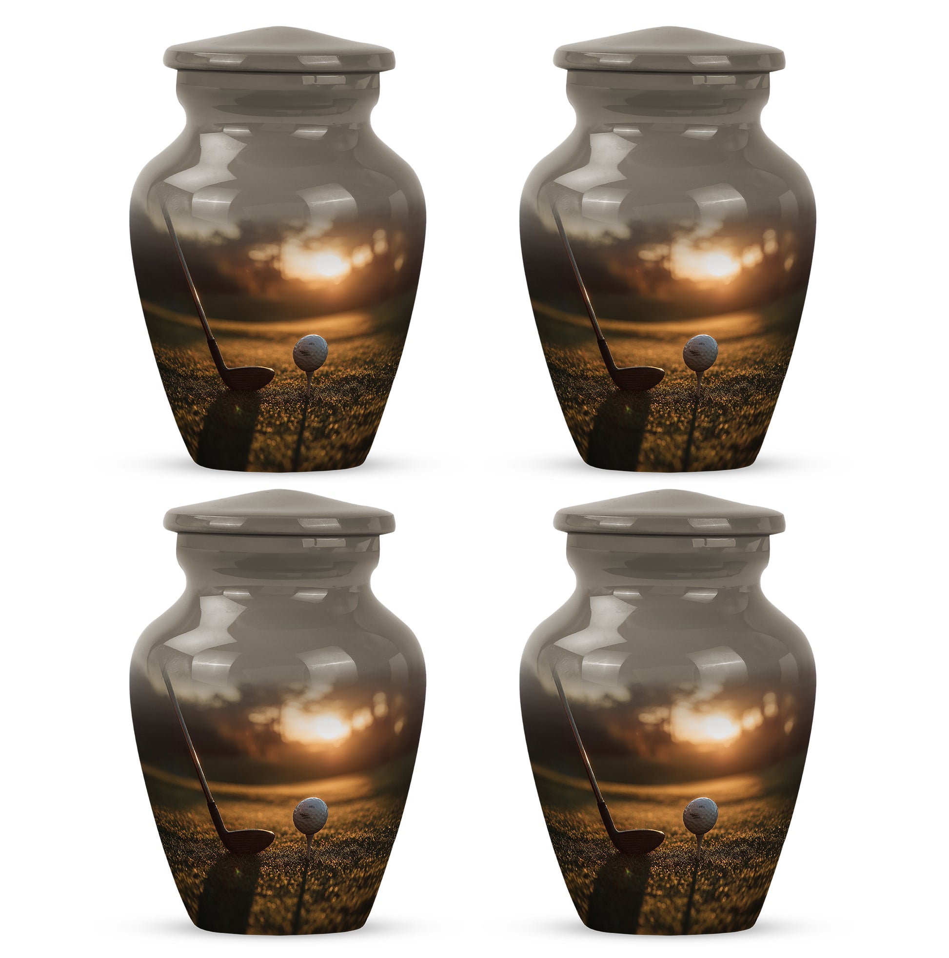 Sunrise Gold Golf Cremation Urn side profile showing urn shape - classic sculpted golf pattern on smooth aluminum - 10 inch aluminum urn for cremated remains